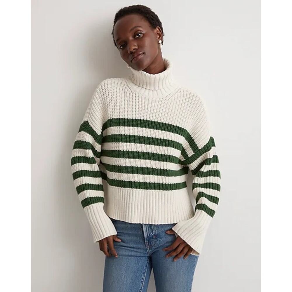 NWT Madewell Wide Rib Turtleneck Sweater XXS Green Ivory Striped‎ Chunky Cozy